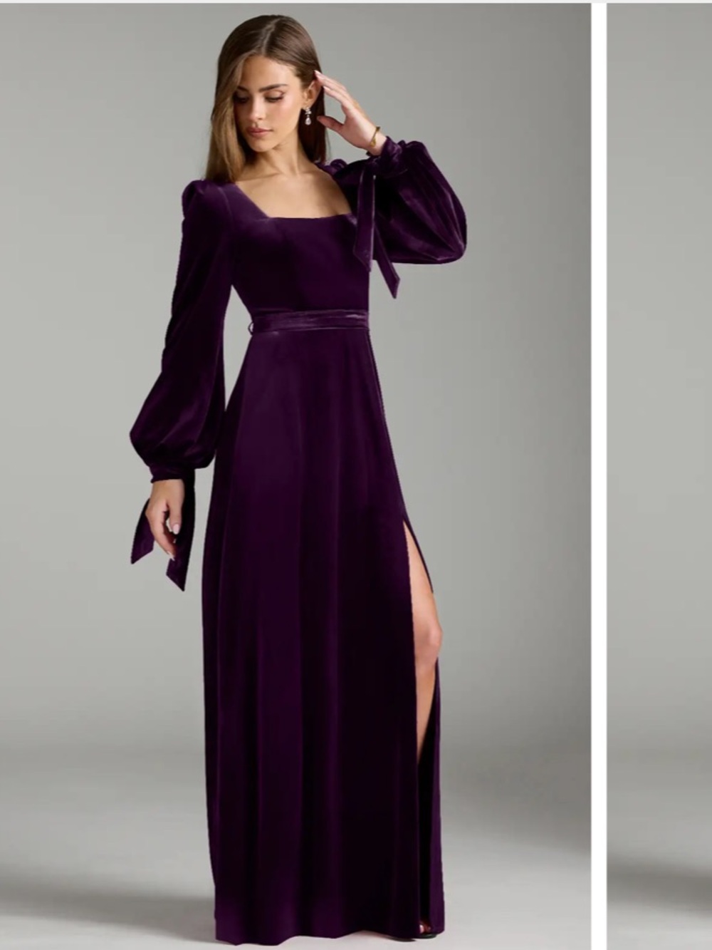 Azazie Leonia Grape Velvet Long Sleeve Maxi Dress A14